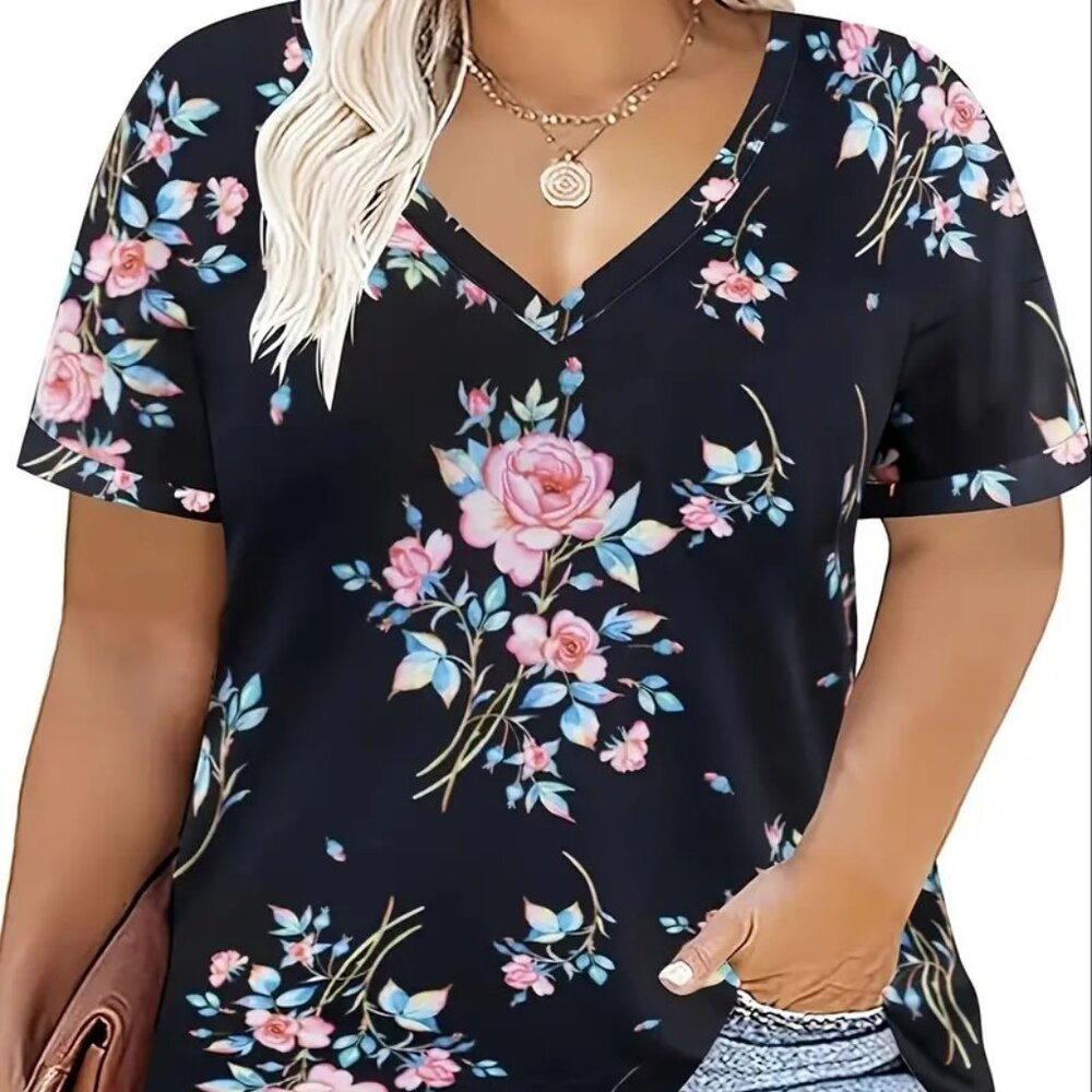 Women's Plus Size Floral Print Fashion Summer Holiday Beach Blouse Top 22W